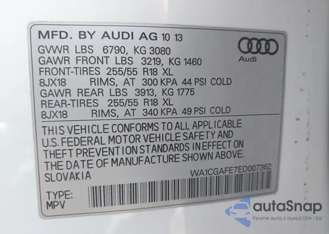 2014 Audi Q7 3.0T Premium from USA, damaged, VIN WA1CGAFE7ED007362